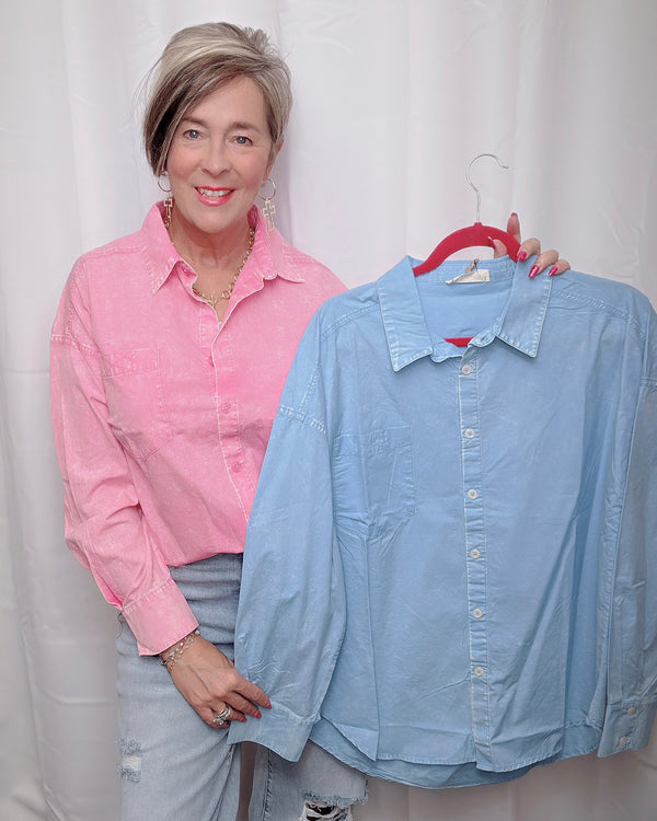 Pink or Blue Acid Wash Button Down Long Sleeve Collar Top