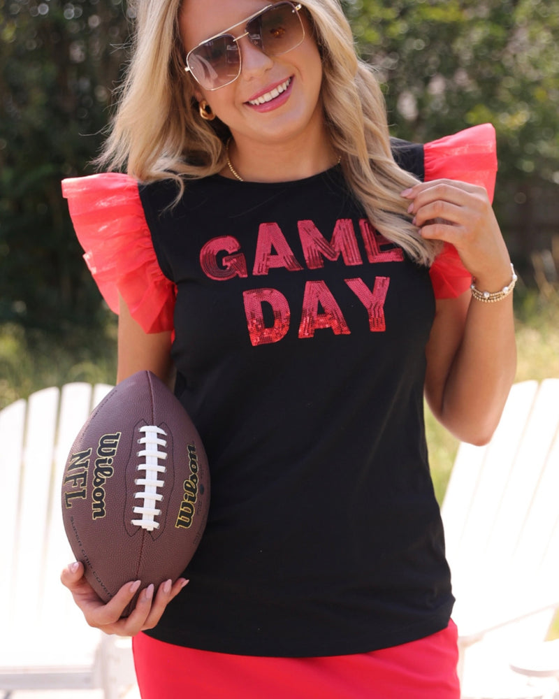 “Game Day" Short Ruffle Sleeve Sequin Patch Top
