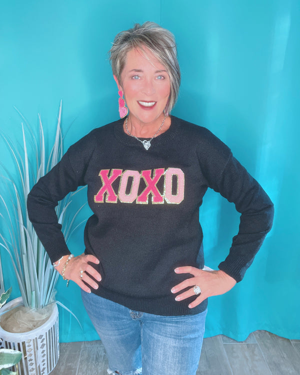 Valentine Chenille XOXO in Pink & Gold on Black Sweater Top