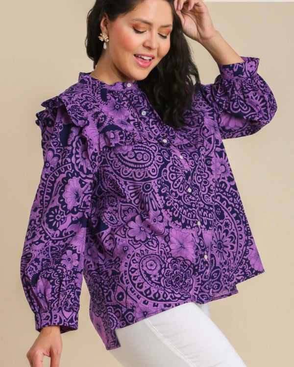Cotton Purple & Black Short Puff Sleeve Scalloped High Neck Top