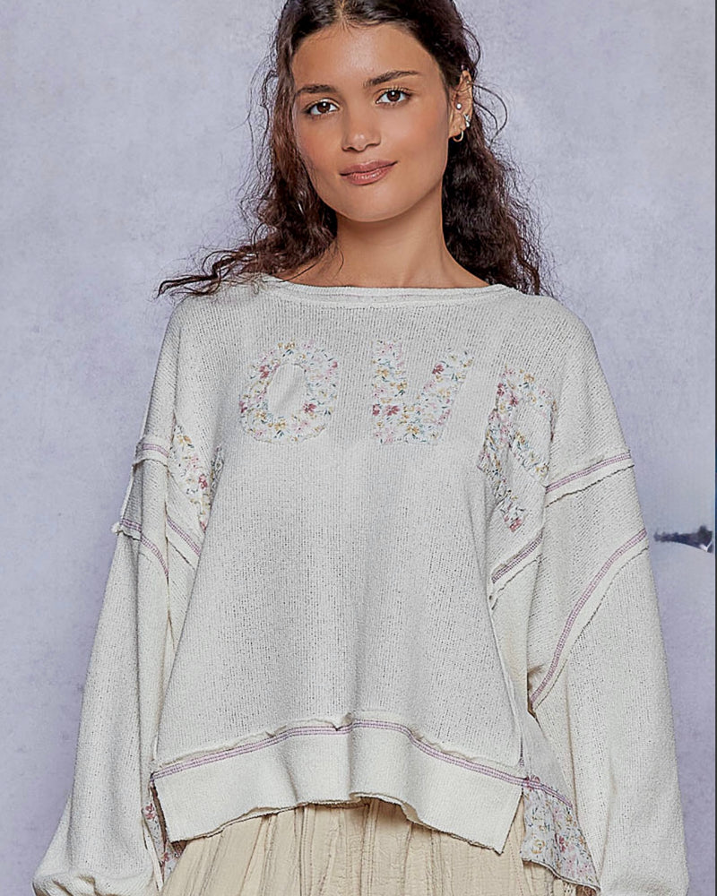 Off White "Love" Drop Shoulder Long Sleeve Knit Sweater Top