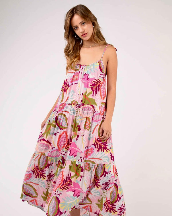 Pink Tone Tropical Print Sleeveless MIDI Sundress