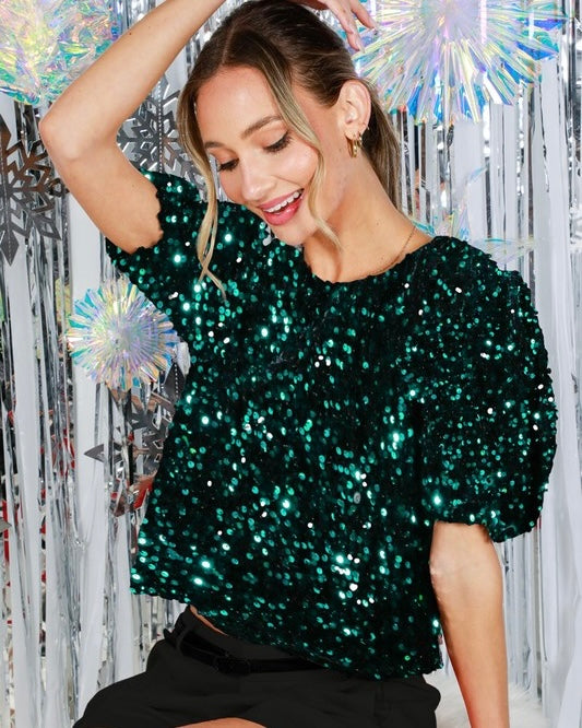 Red or Green Holiday Party Puff Short Sleeve Sequin Top