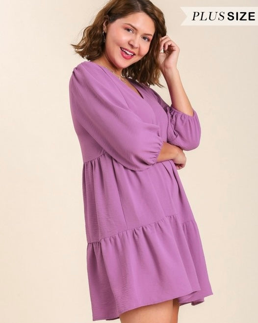Plus Size Purple VNeck Tiered 3/4 Sleeve Dress