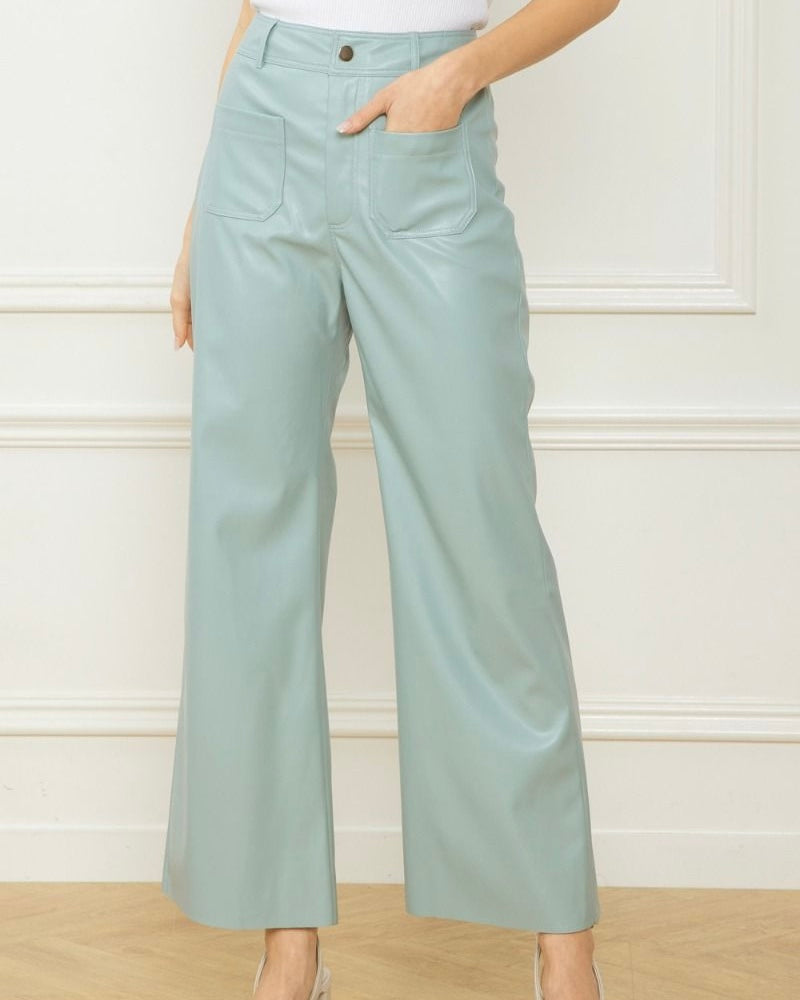 Seaform Green High Waist Faux Leather Wide Legged Pants