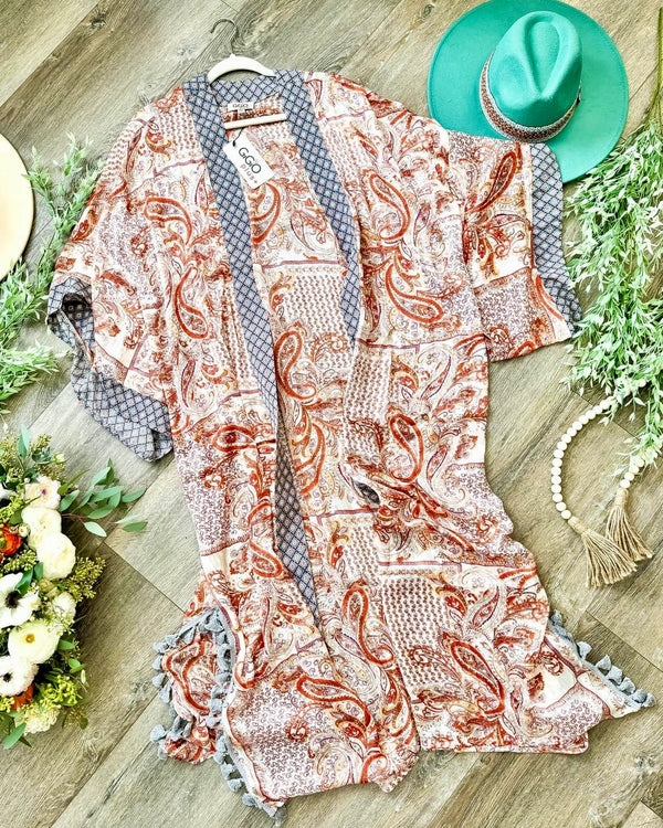 Plus Size Cream Mix with Paisley Rust Orange and Blue & White Trim Lightweight Boho Open Front Kimono