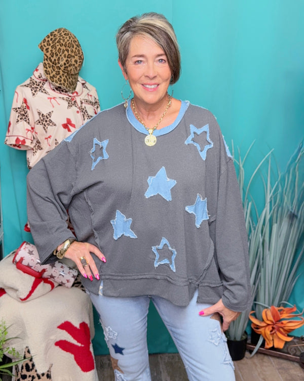 Charcoal & Blue Star Patch Long Sleeve Pullover Top