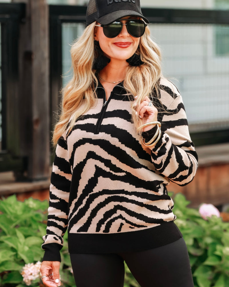 Tan & Black Zebra Quarter Zip Long Sleeve Pullover Sweater Top