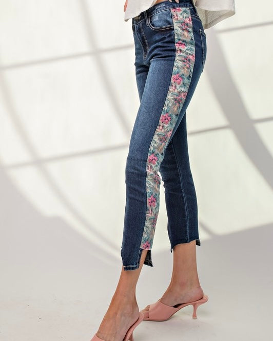 Dark Wash Stretched Denim High Rise Skinny Contrasting Floral Inset Jeans