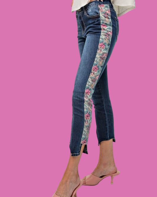 Dark Wash Stretched Denim High Rise Skinny Contrasting Floral Inset Jeans