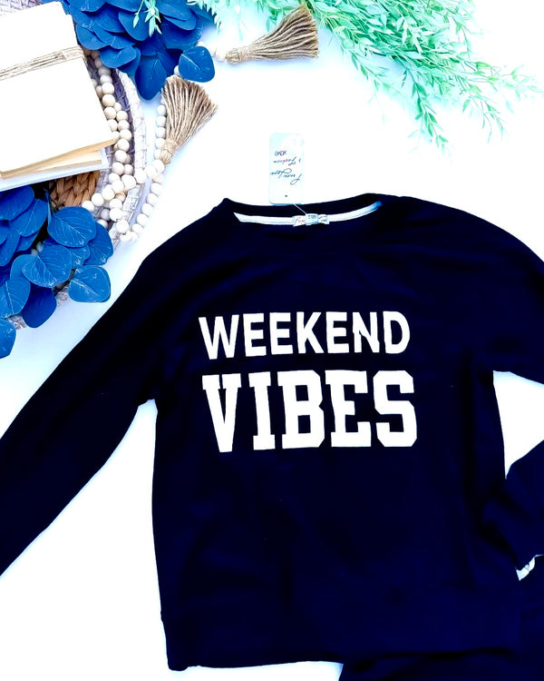 Black "Weekend Vibes" 2 Pc Drawstring Sweatshirt Pant Lounge Set