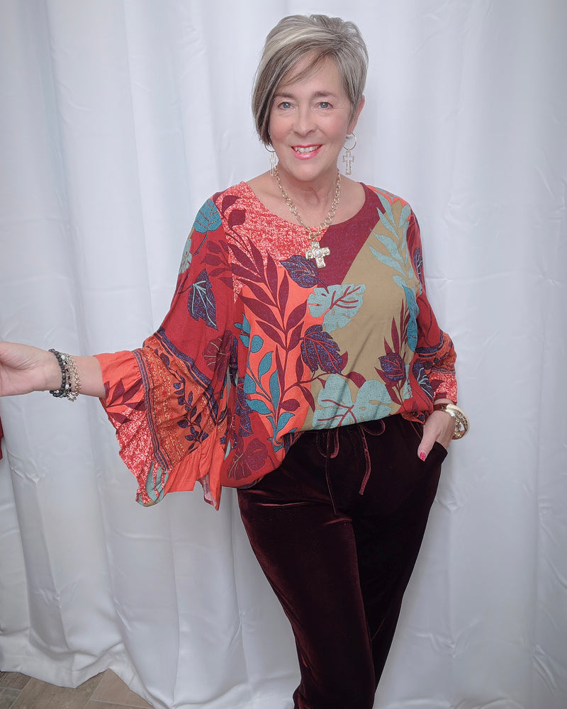 Burgandy Rust Teal Mix Border Print Wide Ruffle 3/4 Sleeve Top