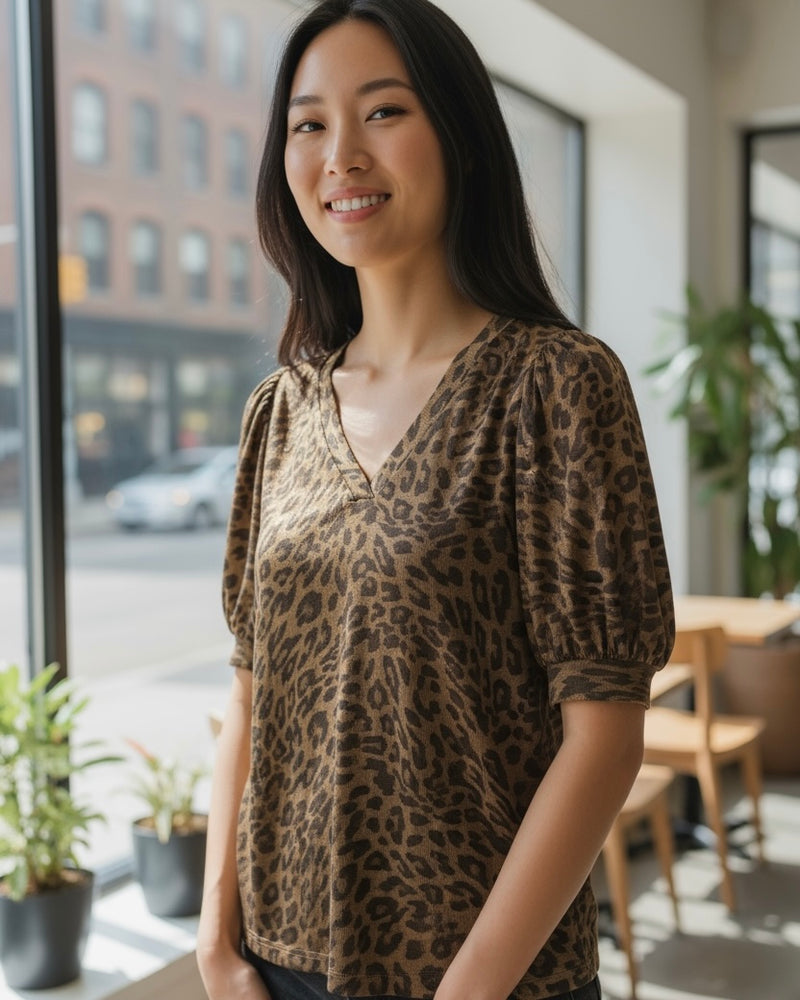Brown Metallic Drop Shoulder Leopard Print Short Sleeve Round Neck Top