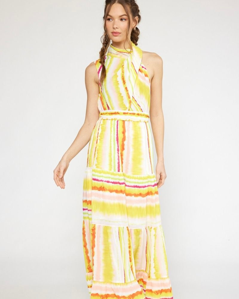 Yellow White Stripe with Red Halter Neck Maxi Sundress