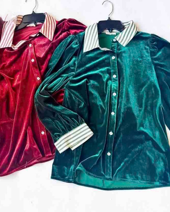 Garnet Red or Emerald Green Velvet Button Down Long Sleeve Contrast Stripe Top