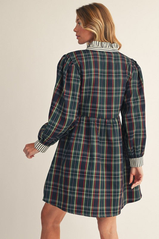 Navy Blue Plaid or Tan Plaid Long Sleeve Contrast Button Neck Dress