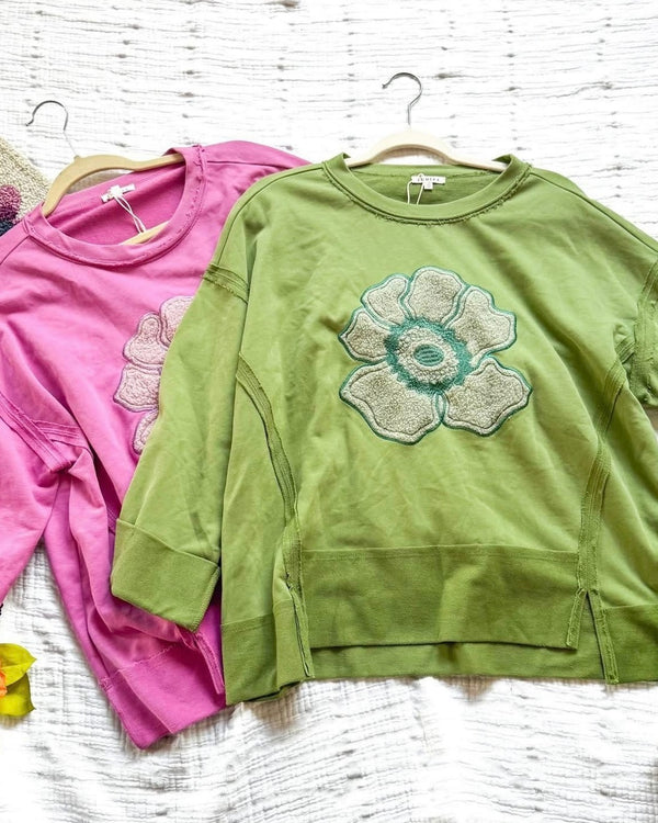 Green or Pink Flower Patch Long Sleeve Sweatshirt