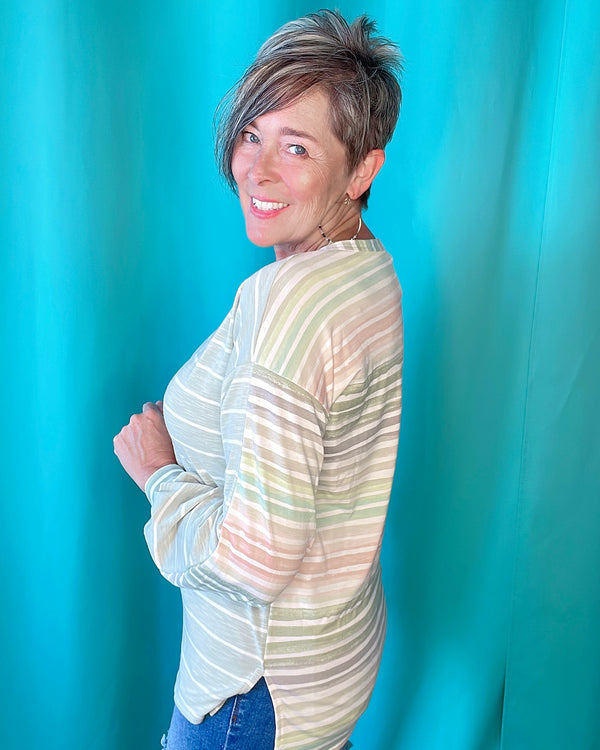 Mint Sage Green Multi Stripe Color Block Crew Neck Long Sleeve Top