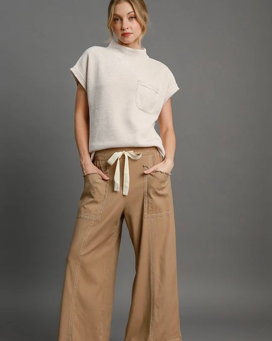 Brown Linen Blend Wide Leg Drawstring Pocket Pants