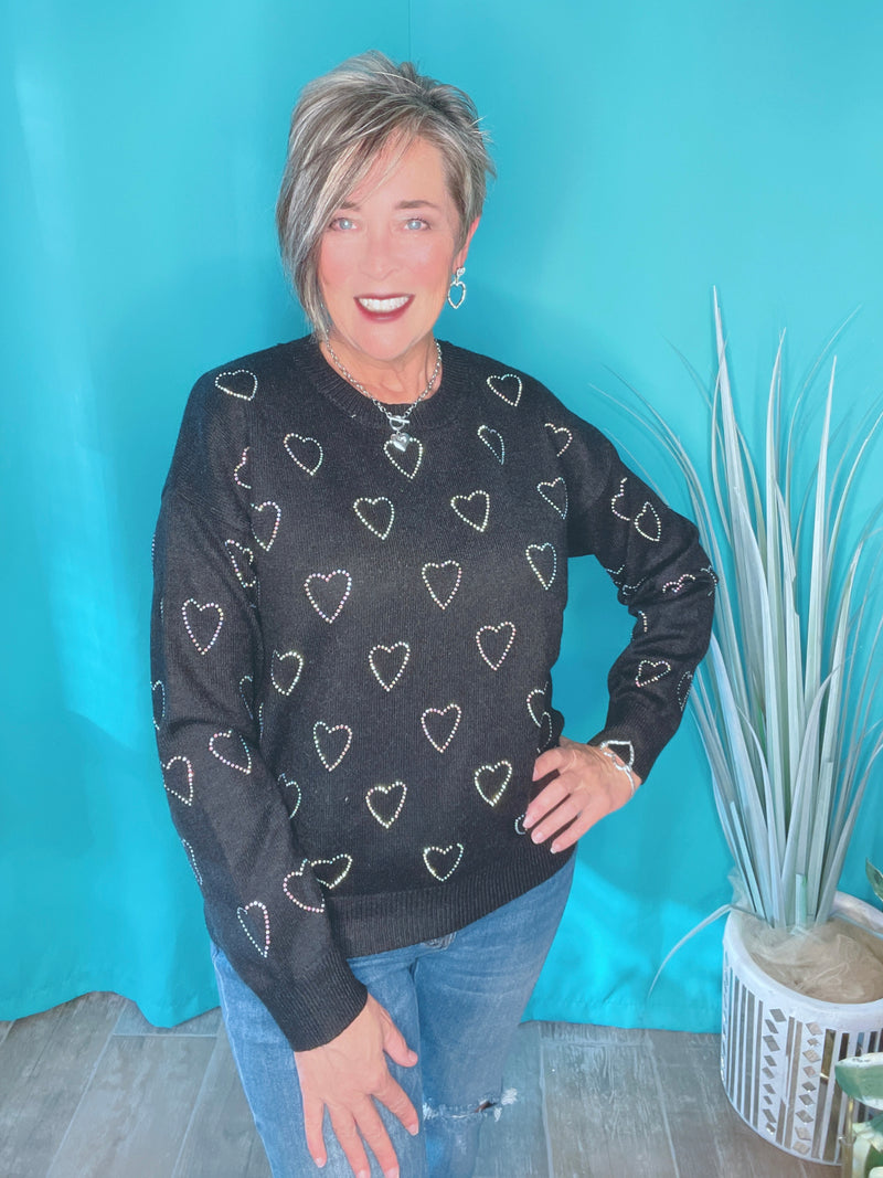 Black Rhinestone Heart Long Sleeve Knit Sweater Top