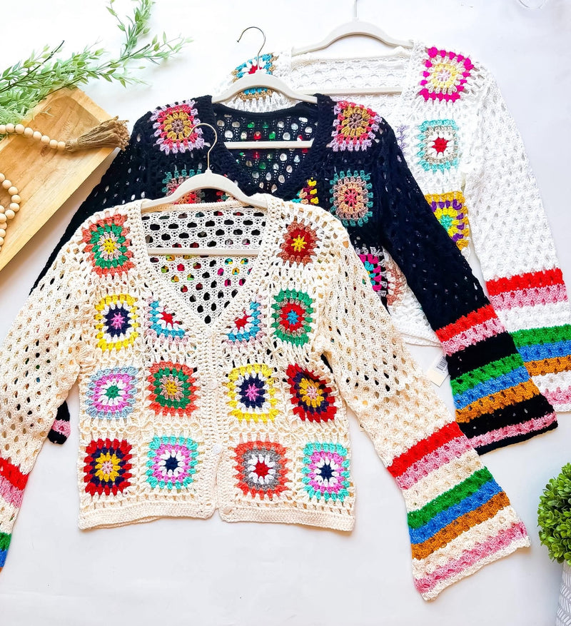 Black Multicolor Crochet Knit Long Sleeve Button Down Cardigan