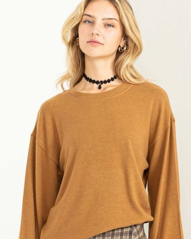 Camel Pale Brown Round Neck Long Balloon Sleeve Pullover Top