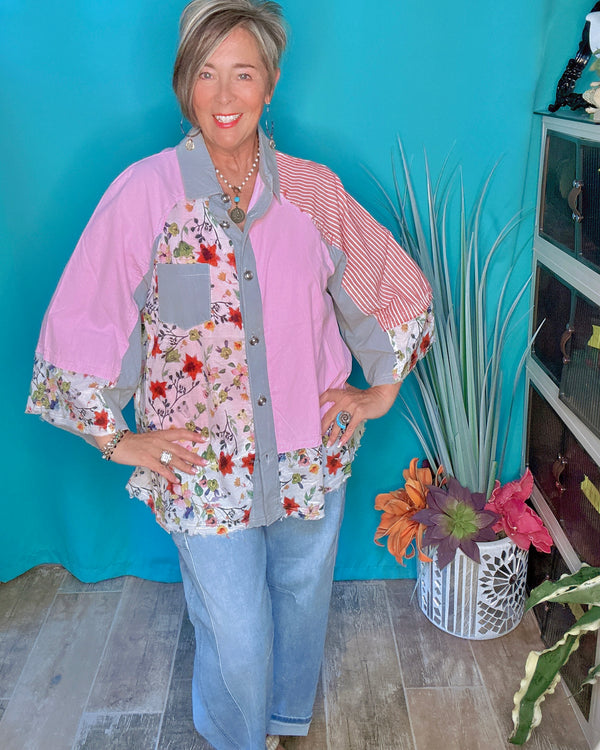 Cotton Boho Pink, Red & Orange Mix Media Block Button Down 3/4 Wide Sleeve Collared Raglan Shoulder Fray Edge Oversize Top