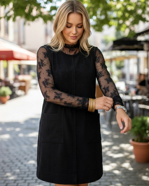 Solid Black Sleeveless Mini Ribbed Corduroy Dress with Patched Pockets