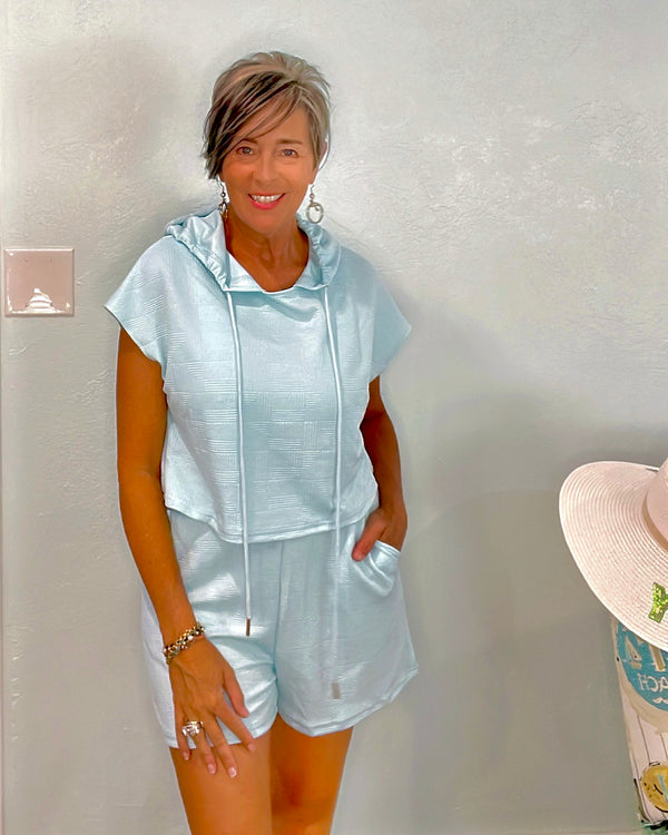 2 pc Light Sky Blue or Green Textured Shorts and Short Sleeve Pullover Hoodie Lounge Set