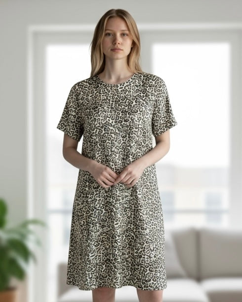 Brown Leopard Animal Print Short Sleeve Denim Dress