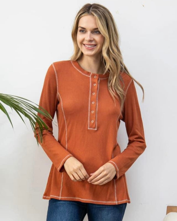 Plus Button Front Black or Rust Pumpkin Spice Thermal Waffle Henley Style Stitch Accent Long Sleeve Top