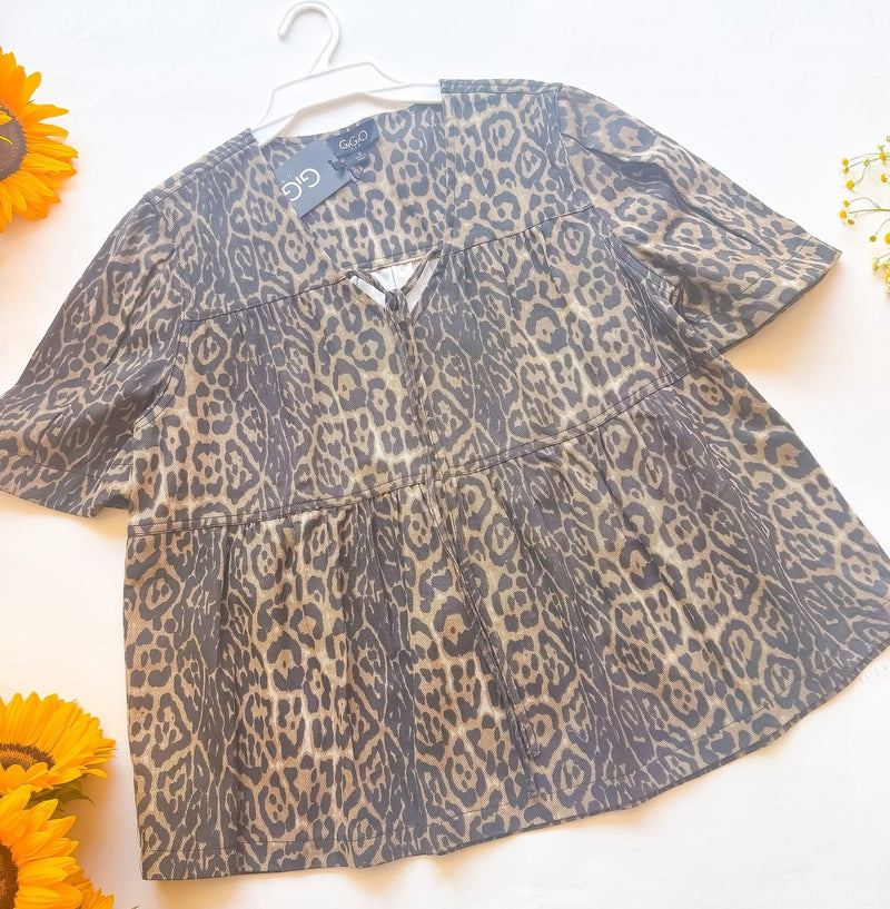 Brown & Black Leopard Animal Print Denim Babydoll Top