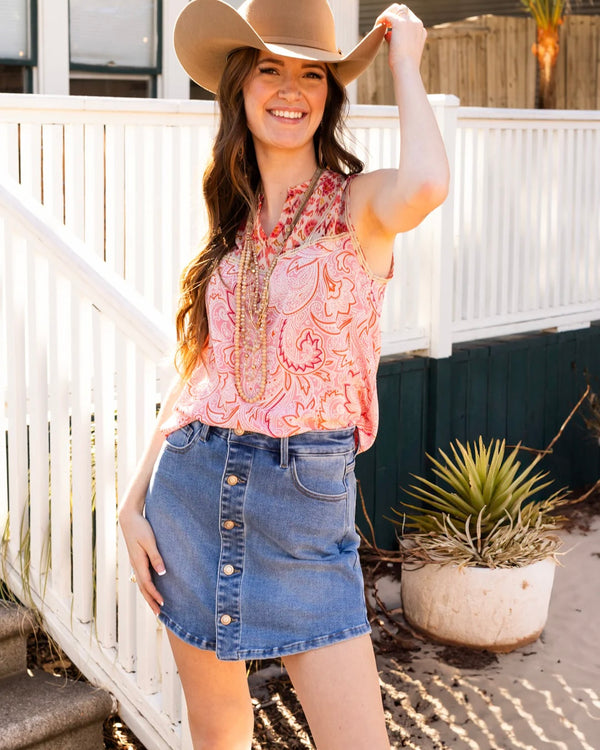 Pink Boho Paisley Short Cap Sleeve Top