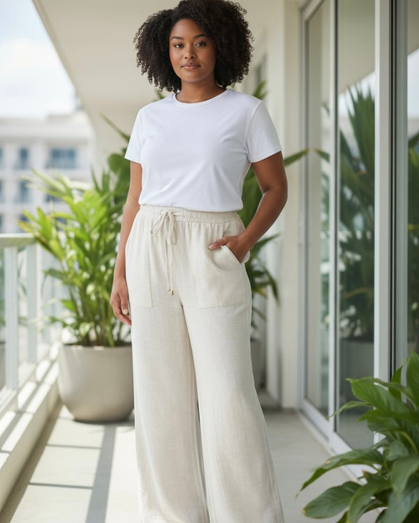 Natural Cream Plus Size Elastic Waist Wide Leg Linen Pant