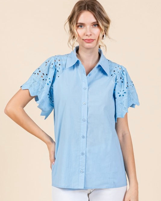 Baby Blue Solid Top w/Collared Neck Eyelet Butterfly Sleeves