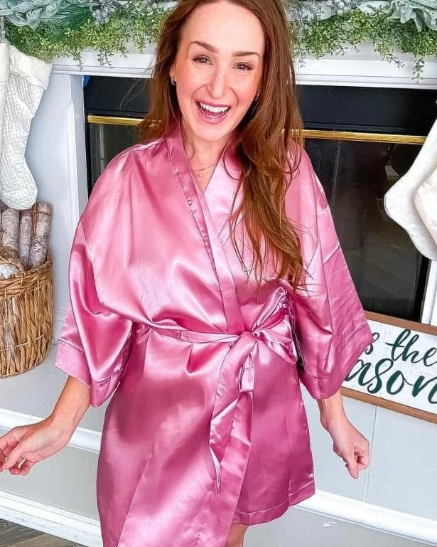 Pink Satin Open Front Self Tie Knee Length Bath Robe