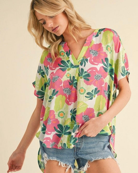 Bright White, Pink & Green Tropical Floral Short Cap Sleeve Top
