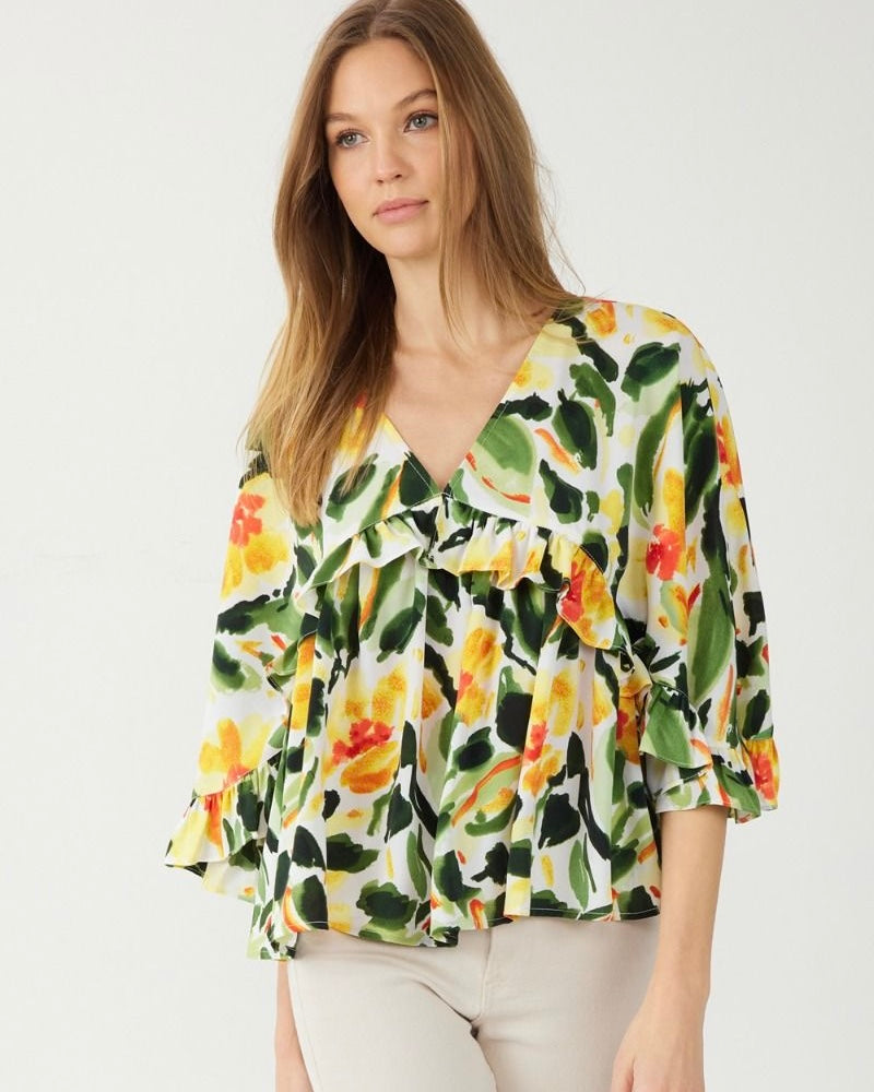 Mango, Green & White Tropical Floral Print Ruffle Front 3/4 Sleeve Top