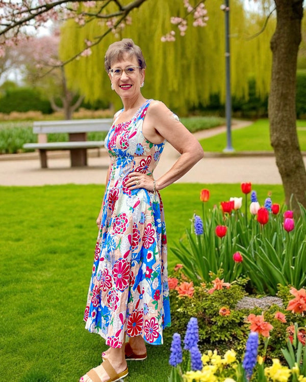 Blue, White & Red Sleeveless Square Neck Flowy Sundress
