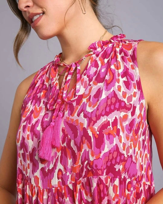 Magenta Pink Tiered Print Abstract Halter Neck Tie Sleeveless Maxi Sundress