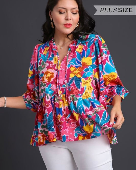 Plus Size Pink Multicolor Floral Print Split Tie Neck Babydoll Puff Sleeve Top