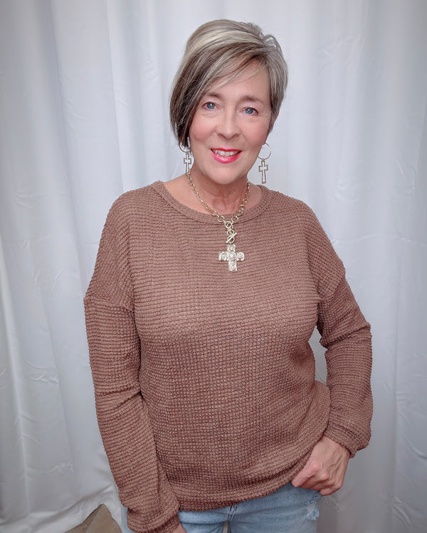 Brown Waffle Knit Drop Shoulder Long Sleeve Top