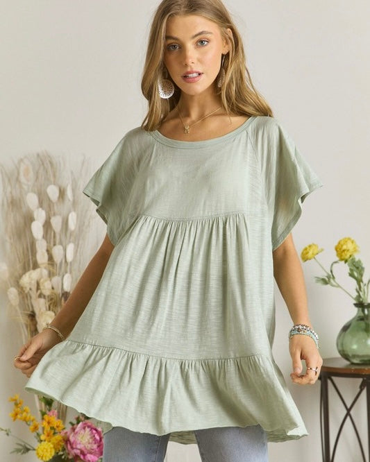 Plus Size Solid Green Round Neck Tiered Short Sleeve Tunic Top
