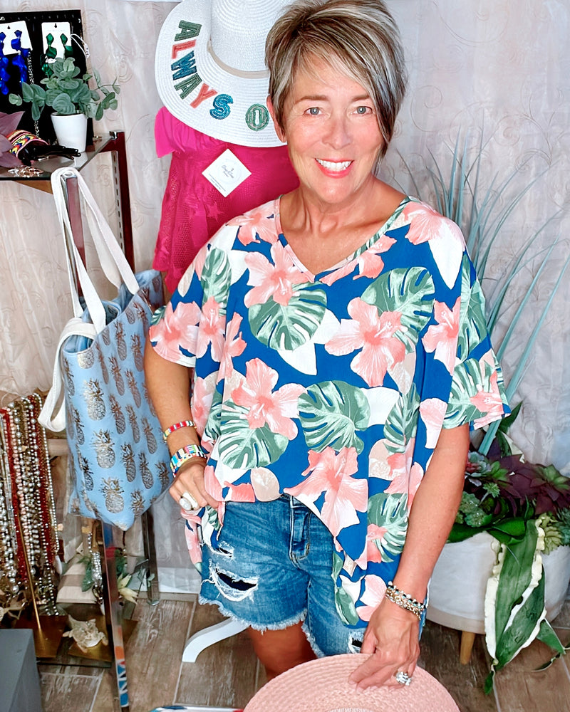 Blue Tropical Boxy Blouse with Large Pink and Green Floral Prints