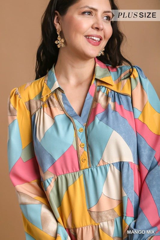 Plus Size Multicolor Blue, Yellow & Pink Abstract Print Long Sleeve Tier Dress