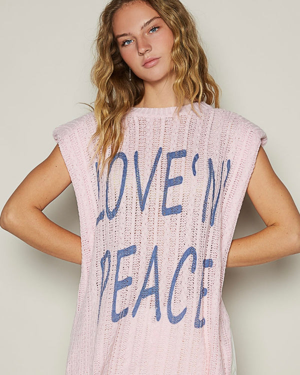 Pink "Love N Peace" Acrylic Knit Sleeveless Tunic Top