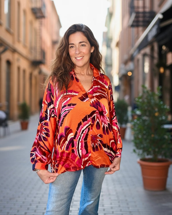 Red Orange Multi Abstract Long Sleeve Button Down Blouse