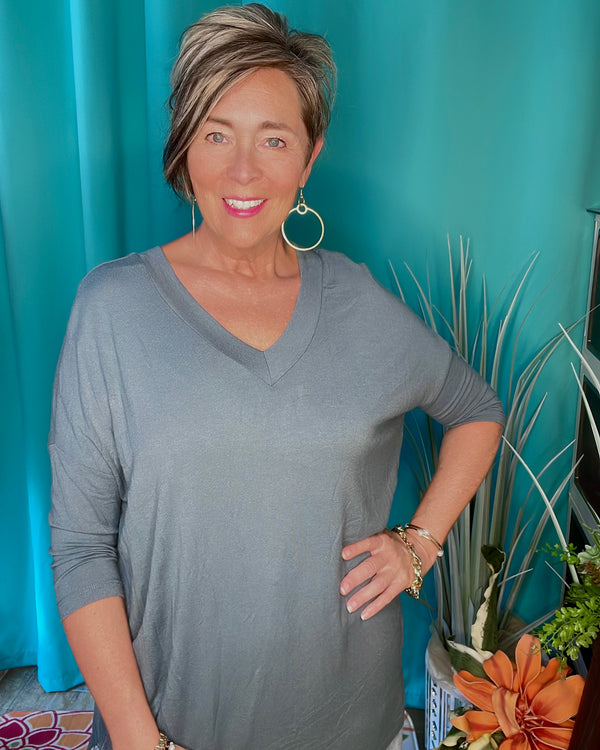 Teal Green Loose Fit Open V-Neck 3/4 Dolman Sleeve Knit Top