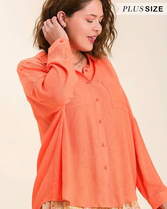 Coral Peach Crinkle Collar Button Down Long Sleeve Blouse