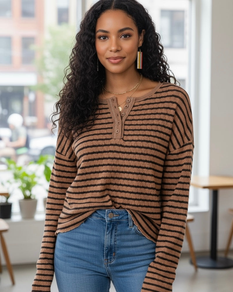 Brown & Black Stripe Long Sleeve Button Neck Pullover